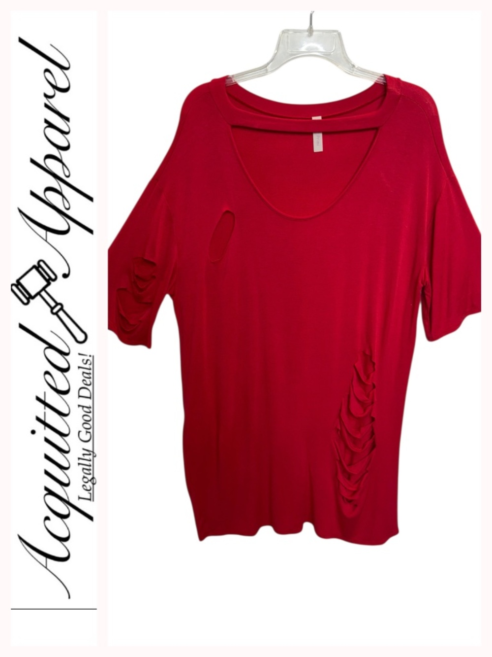 Primi Red Scoop Open Neck Short Sleeve Distressed Top